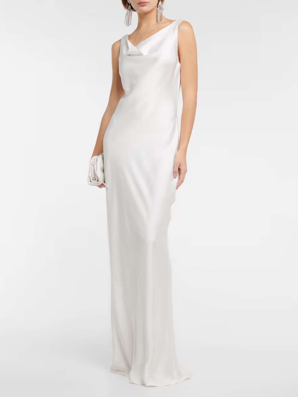 Norma Kamali White Satin Cowl-Neck Maxi Dress